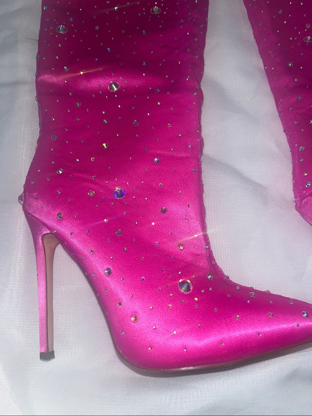 Azalea Wang Hot Pink Barbie core Crystal-Embellished Stiletto Knee-High Boots
